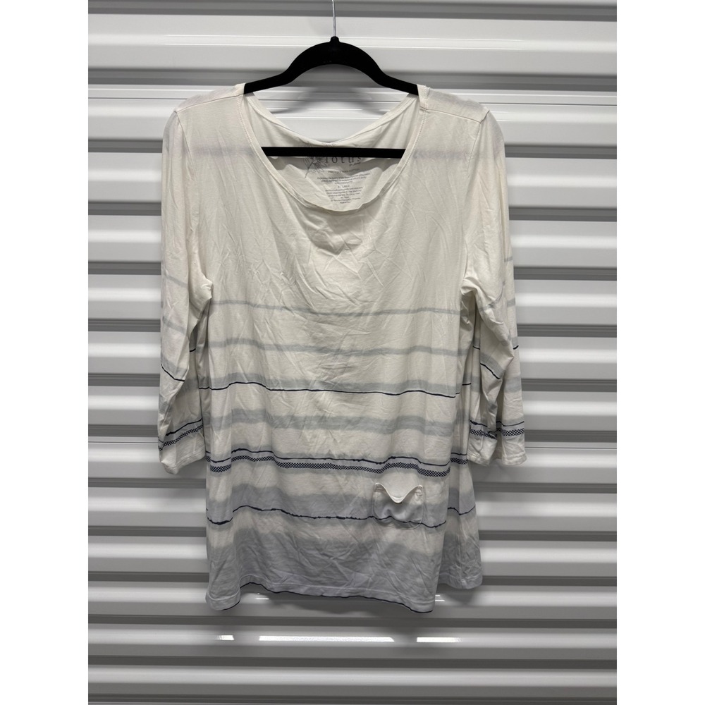 Soma Lotus Peruvian Pima‎ Cotton Striped 3/4 Sleeve Tee XL White Blue Pocket